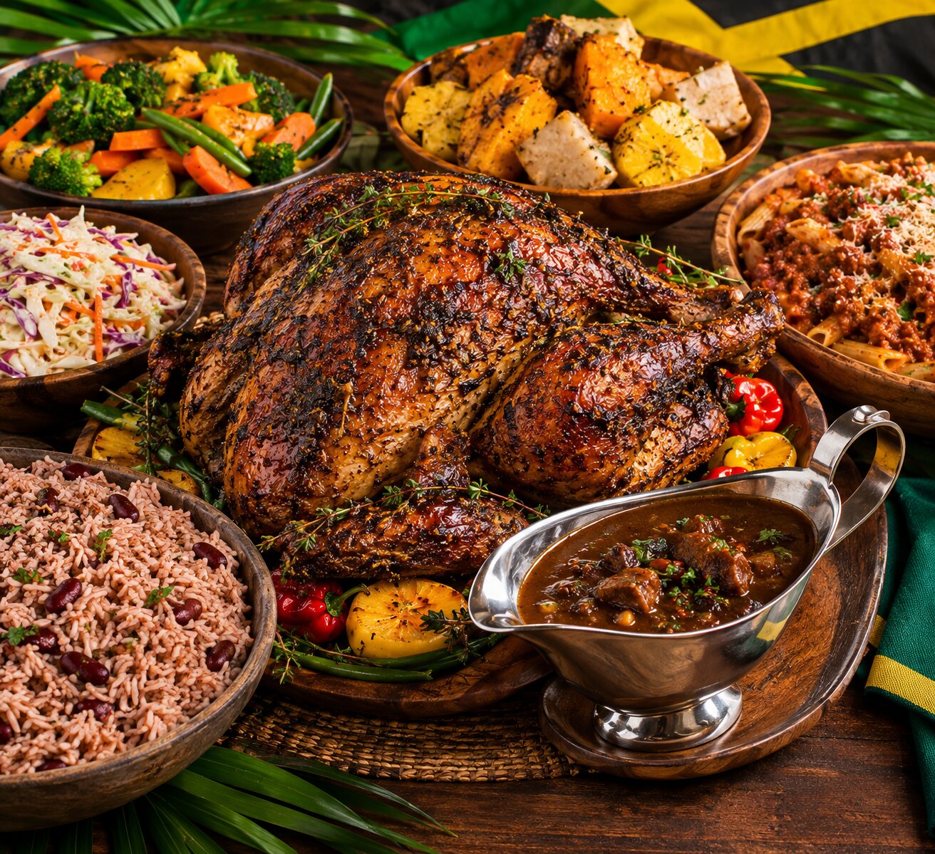 Jerk turkey platter with rice & peas, coleslaw, steamed vegetables, roasted provisions, pasta, and jerk gravy